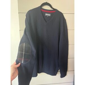 Barbour Navy Wool V-Neck Sweater with Tartan Elbow Patches Heritage‎ Style L